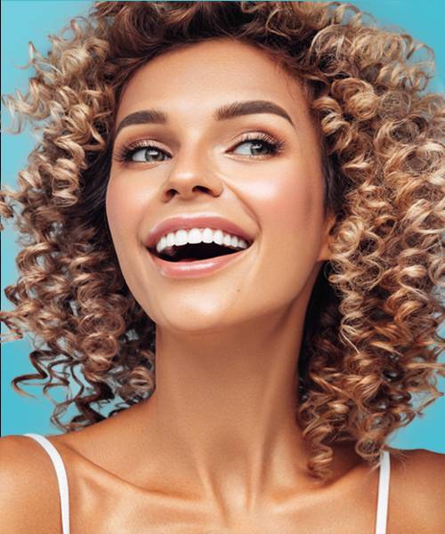 Beautiful young woman with curly hair smiling | Wrinkle Relaxers | DYSPORT | Ethereal Aesthetics