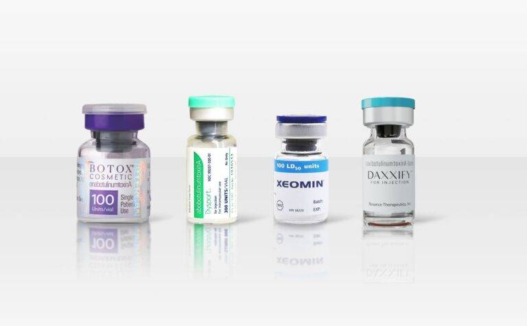 group of neurotoxin vials lined up botox xeomin daxxify dysport